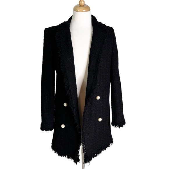Zara Tweed Textured Boucle Pearl Button Blazer Jacket Black Size XS - Picture 6 of 15